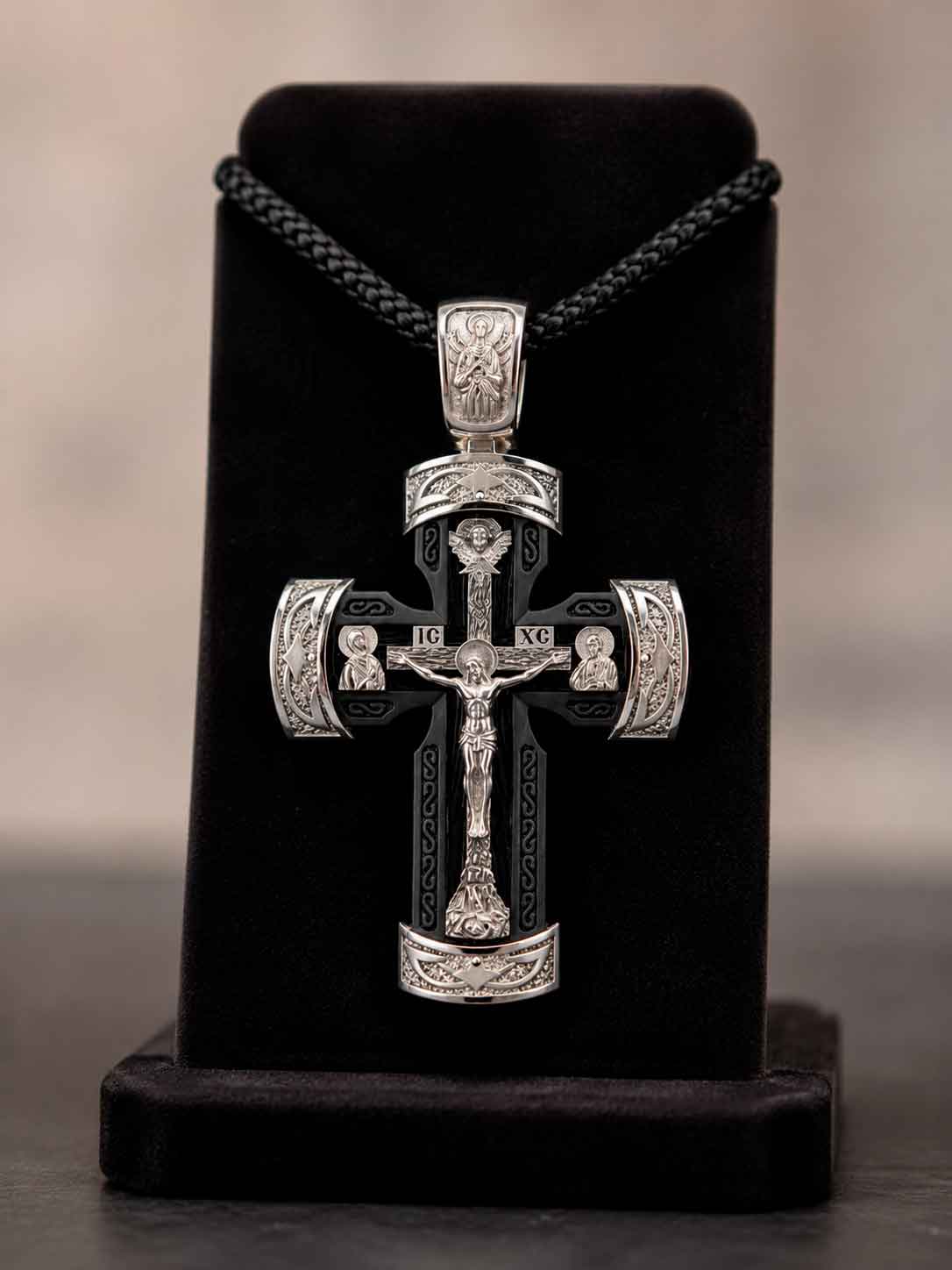 Front View: Silver Crucifix on Ebony Wood Silver and ebony wood cross pendant with crucifix front view art 650440.65