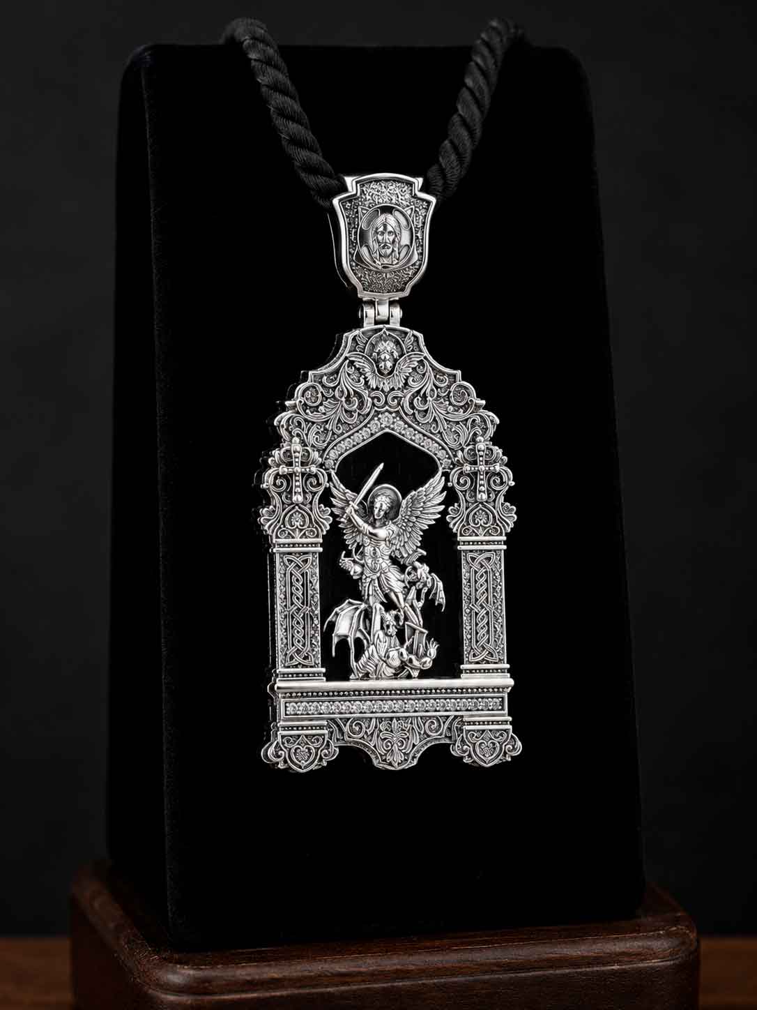 Silver Pendant Heavenly Warrior with Ebony Insert Silver pendant Heavenly Warrior with ebony wood insert, archangel Michael and gemstones