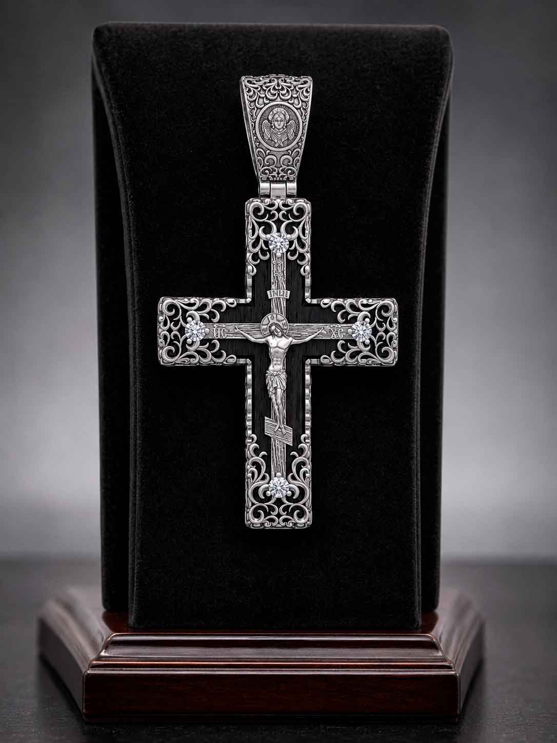 Silver Cross Holy Tree with Ebony Insert Silver cross Holy Tree with ebony wood insert, Crucifixion, and white gemstones