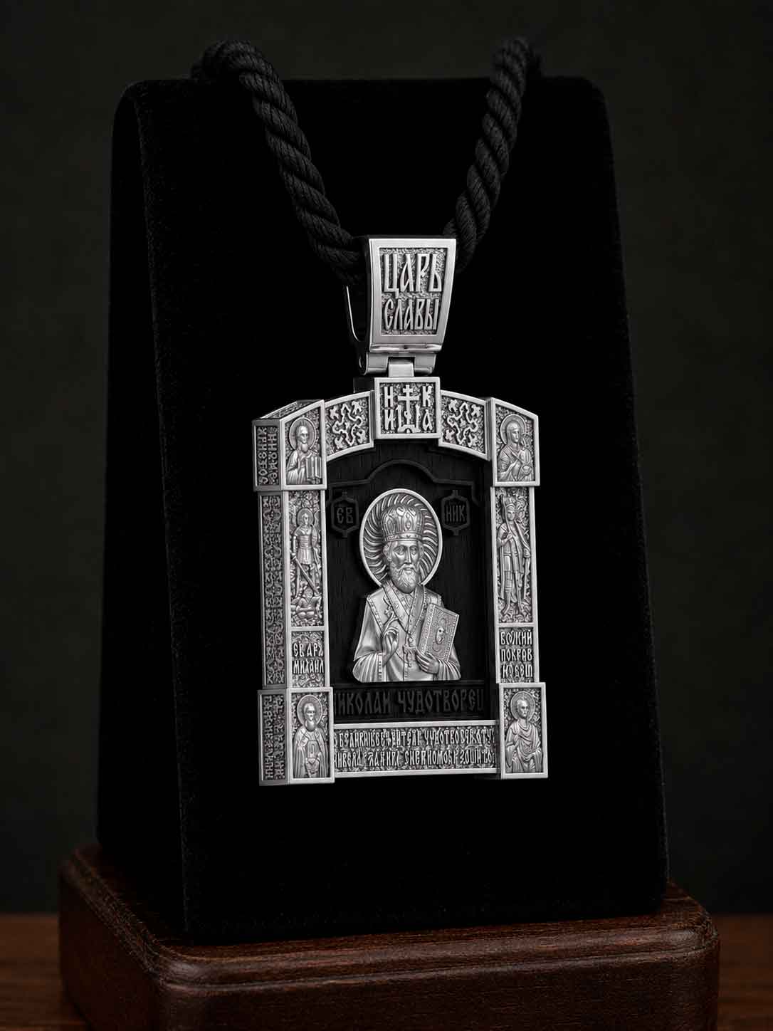 serebryannaya-pravoslavnaya-ladanka-svyatitel-nikolaj-chudotvorets2 Silver Orthodox locket pendant with ebony wood insert featuring St. Nicholas, archangel Michael, and the Lord's Prayer
